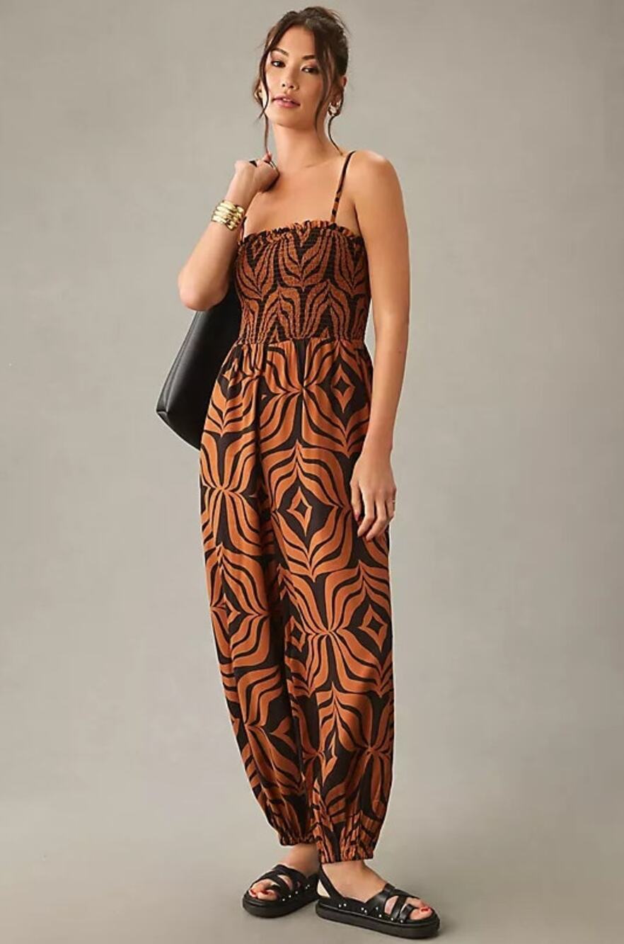 Anthropologie Printed Balloon Leg Jumpsuit Rust Black Smocked Boho Chic Resort
